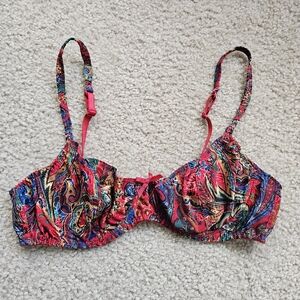 Vintage Sears unlined underwire demi bra red blue paisley size 36B